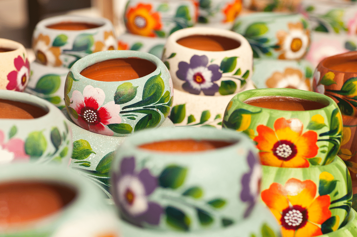 Clay pots with colourful flowers